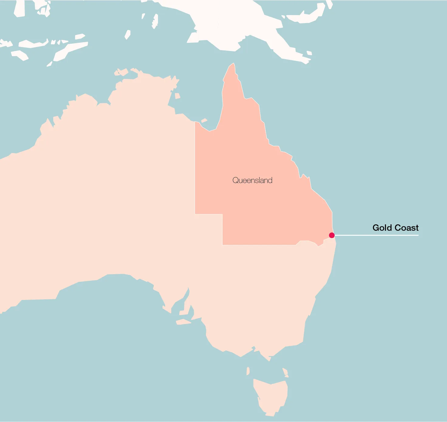 Map of Australia highlighting the Gold Coast in South East Queensland.
