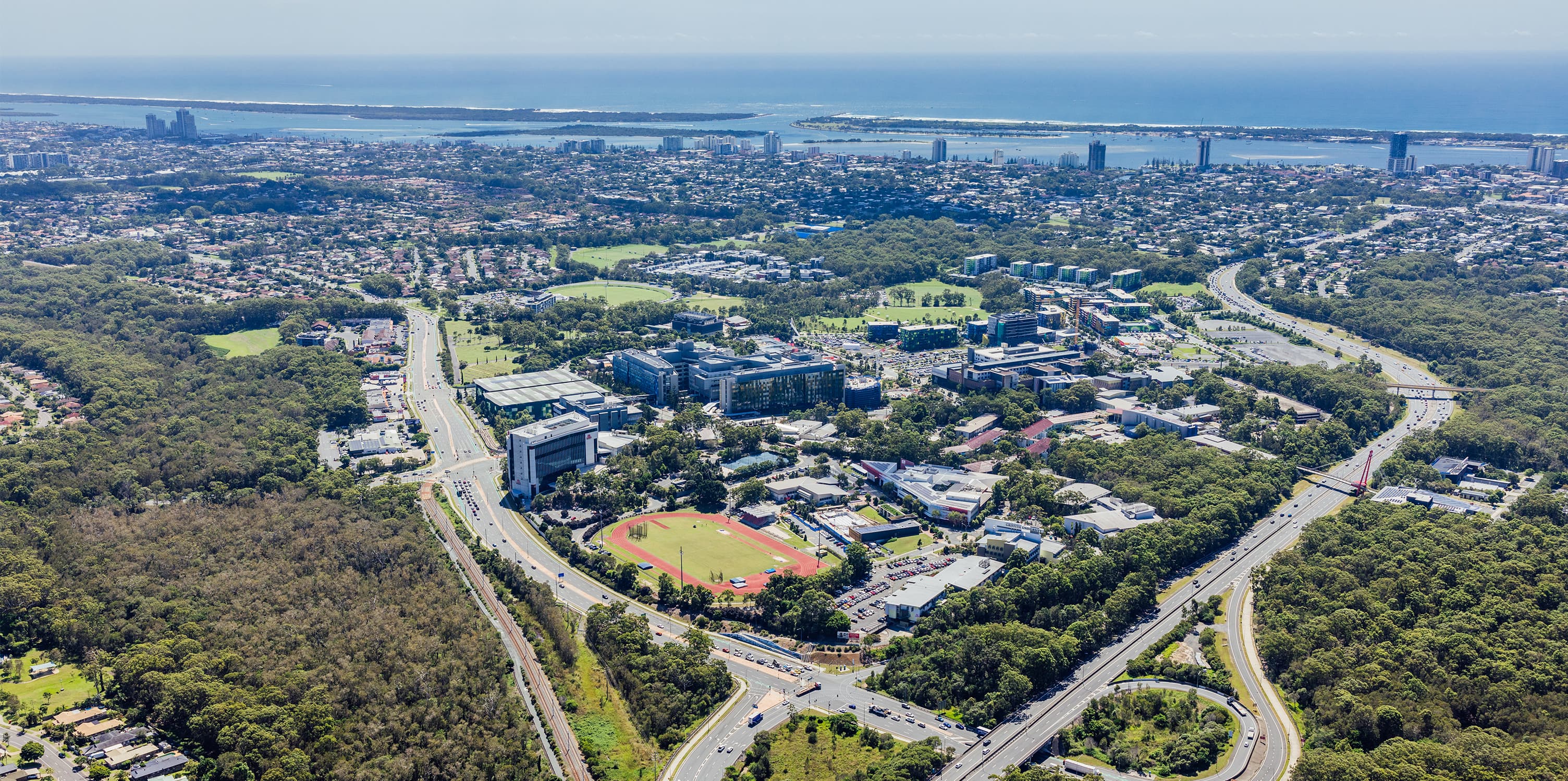 Aerial view of buildings which are the Gold Coast Health and Knowledge Precinct.