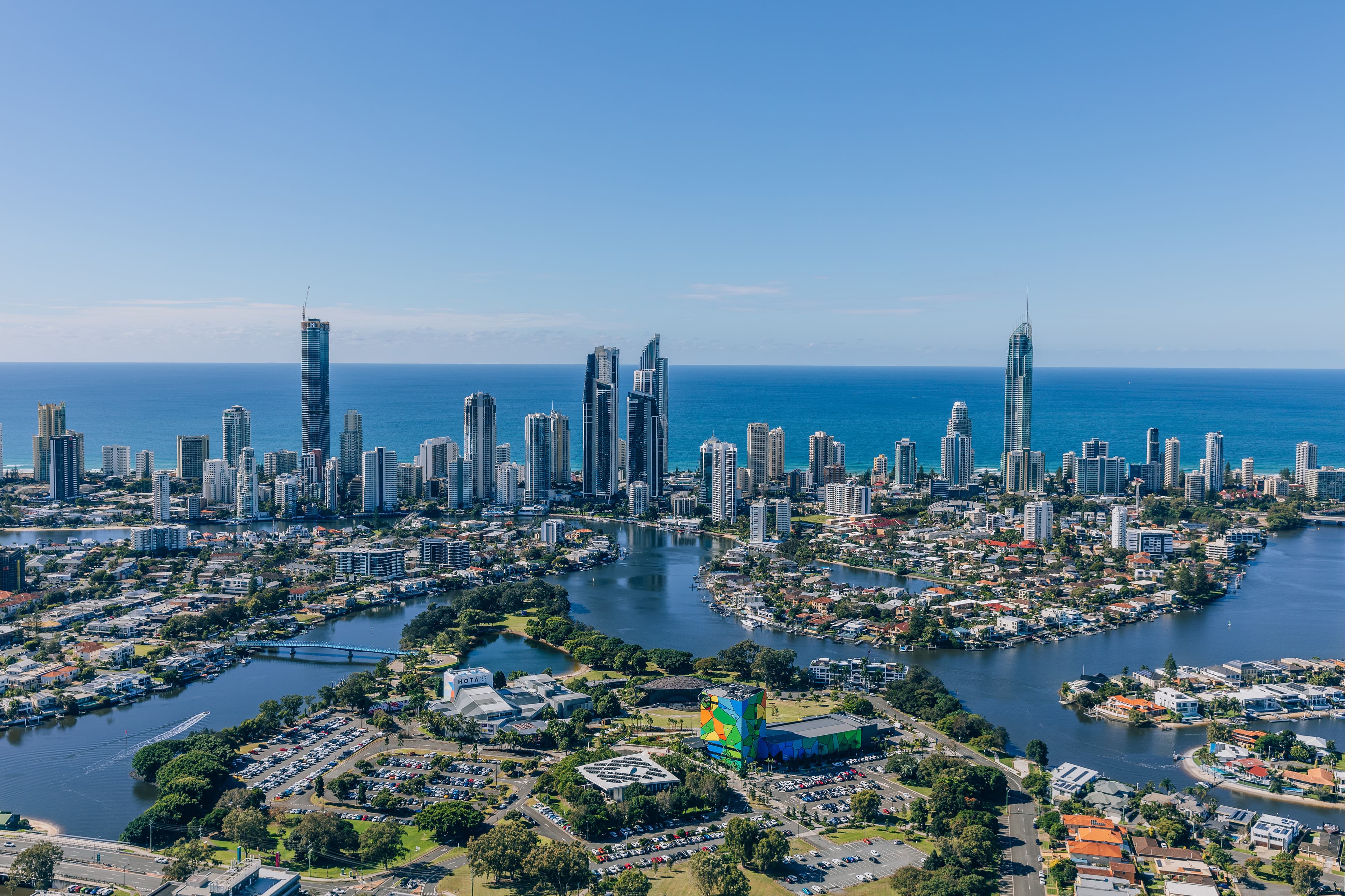 Gold Coast aerial view of city skyline, waterways and HOTA (Home of the Arts).