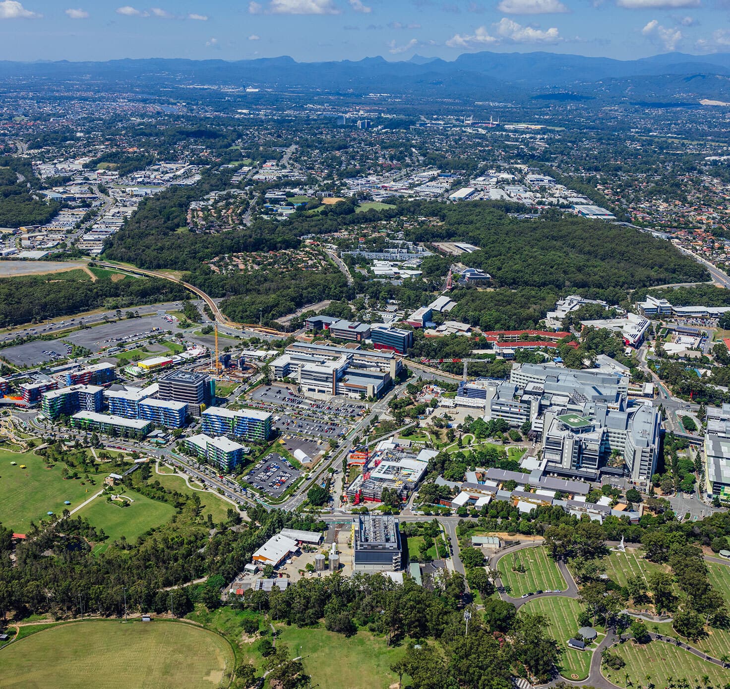Aerial view of Gold Coast Health and Knowledge Precinct and Griffith University.